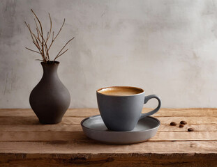 Cup of coffee on rustic wooden table with flower vase and coffee beans in front of gray wall