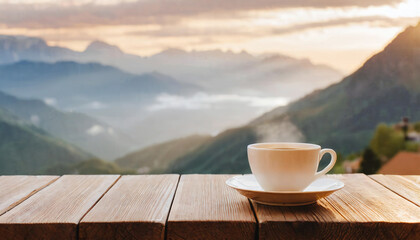 Hot cup of coffee on wooden table with mountain landscape in background