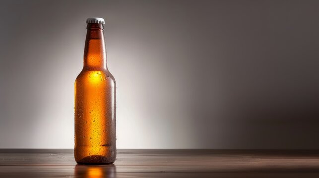 beer bottle on a dark desk, with white wall generative ai
