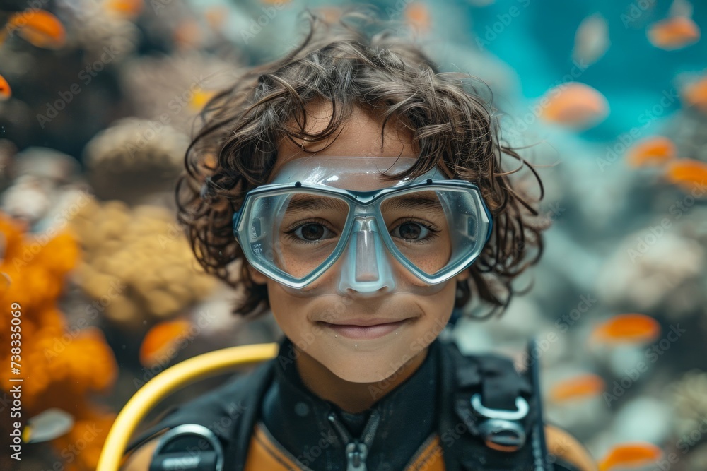 Poster child at diving lessons. background with selective focus and copy space