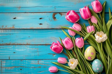 Easter Wallpaper with Spring Flowers, Easter Eggs and Copy Space