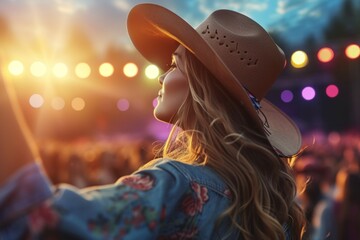 A woman at a country music festival concert, viewed from the back. Background with selective focus and copy space