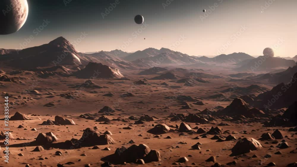 Poster this video features an artists realistic depiction of a rocky landscape with multiple planets visibl