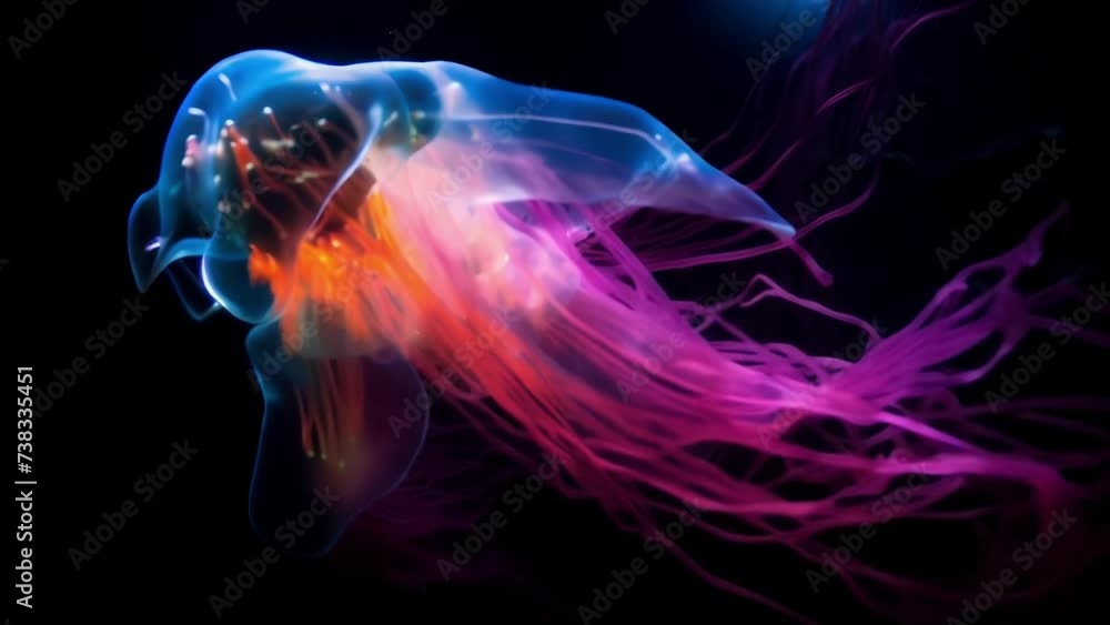 Poster in the darkness of the deep ocean, bioluminescent creatures produce a dazzling display of light, cre