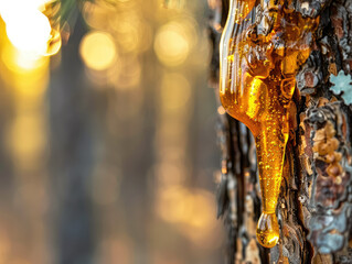 Golden tree sap glistens on the bark of a tree, illuminated by a warm, soft-focus sunset light.