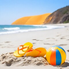 A colorful beach ball, a pair of orange flip-flops, and yellow beach toys on the sand with the ocean in the background