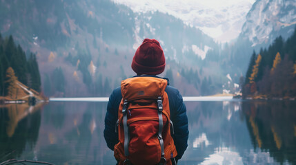 A traveler with a red beanie and orange backpack stands before a serene mountain lake, enveloped in a tranquil, misty atmosphere. - Powered by Adobe
