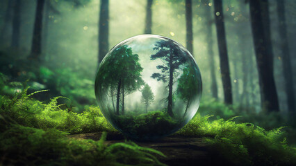 A miniature forest captured inside a clear glass ball in the magical forest. - obrazy, fototapety, plakaty
