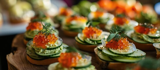 At the holiday party, guests raved about the exquisite festive appetizers, indulging in avocado puree, red caviar, and refreshing cucumber sandwiches.