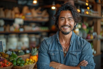 Portrait of an Asian small business owner looking at the camera. He has positive and confident look. - obrazy, fototapety, plakaty