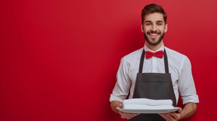 Young smiling waiter in uniform holding a tray and towel on a red wall. generative ai