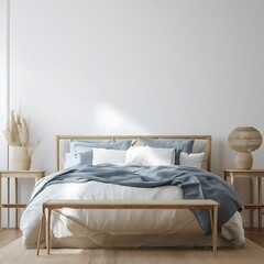 3d render of a bedroom with a wooden bed, beige and blue bedding, pillows, a vase of pampas and rattan lamp on empty wall background.