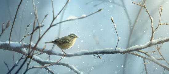 A warbler on a branch sweetens the winter melody played by the tree's delicate limbs.