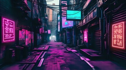 Cyberpunk Alleyway With Holographic Signs