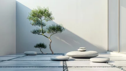 Fotobehang Minimalist Courtyard with Tranquil Zen Garden AI Generated © ArquitecAi