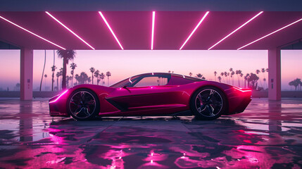 A high-performance sports car under neon lights, reflecting off wet ground, gives off a vibrant...