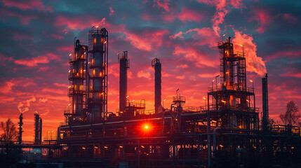 Fototapeta premium Oil refinery against a dramatic sunset sky