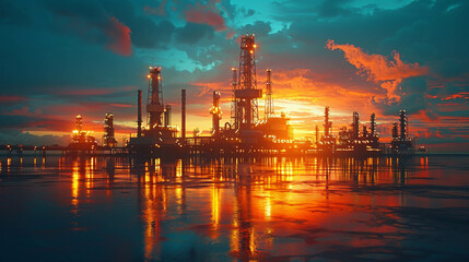 Obraz premium Futuristic oil rig illuminated at dusk with vibrant sky reflection