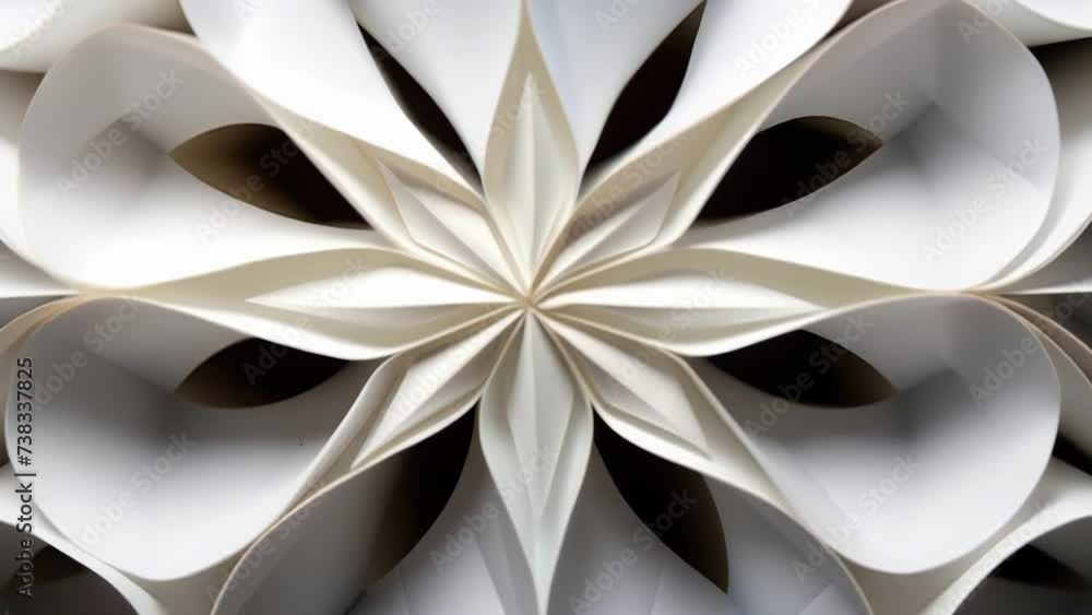 Poster an upclose look at the inner creases and symmetrical patterns of a folded origami shape, highlightin