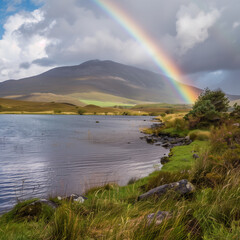 Rainbow Over Tranquil Lake and Mountain Landscape