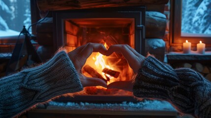 Hands forming a heart in a cozy winter cabin, with fireplace generative ai