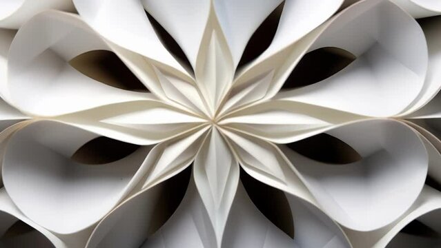 An upclose look at the inner creases and symmetrical patterns of a folded origami shape, highlighting the symmetries and mathematical relationships that play a crucial role in creating and
