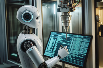 The robot helps a person operate a CNC metalworking machine in the production and adjustment of systems and programmable parts.