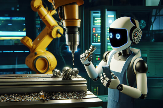 The robot operates a CNC milling machine and produces various parts.