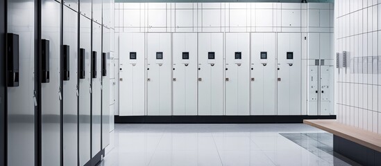 Electronic lockers with white access control in a public space, similar to a changing room wardrobe.