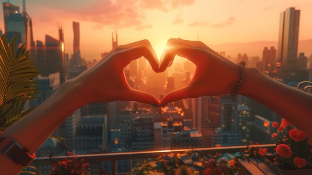 Hands forming a heart on a sunlit rooftop terrace generative ai
