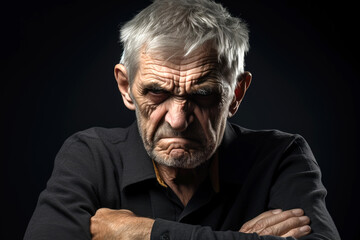 An angry elderly man standing with arms crossed