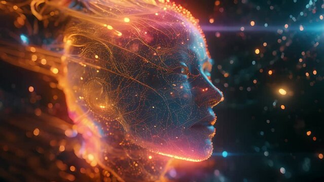 Tracking shot of abstract quantum consciousness of a beautiful woman in profile using her mind to see into the infinity of the universe	

