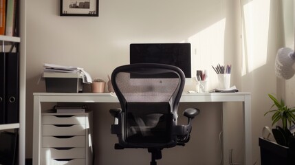 Clean and Simple Workspace with White Desk and Black Chair AI Generated.