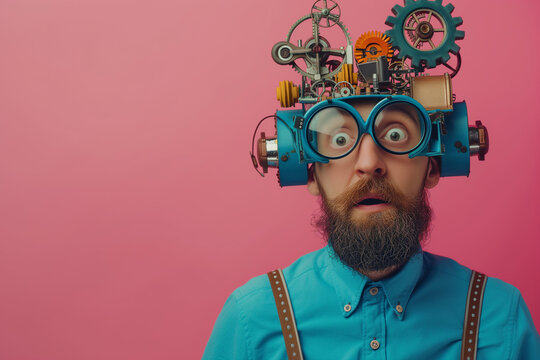 Crazy inventor full of strange inventions, copy space of a surprised nerd with weird gear glasses on a pink background
