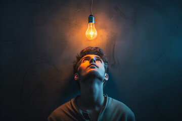 Illuminated light bulb above the head of a young man, looking at the idea above his head in a dark room