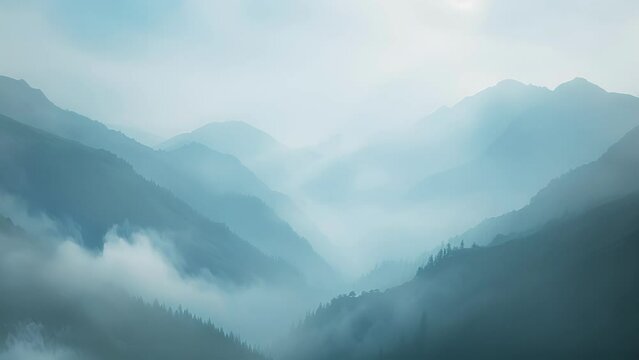 The mountains appear veiled and mysterious as if hiding secrets within the depths of the mist.