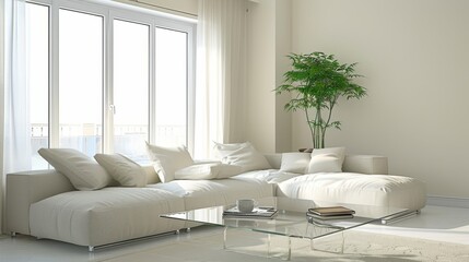 Sleek White Living Room with Cream Sofa and Glass Coffee Table AI Generated.
