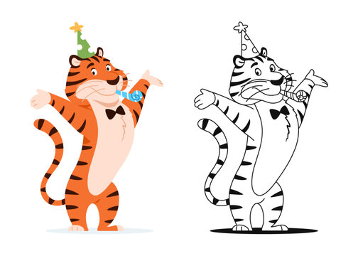 Coloring book. Funny cartoon tiger in party hat with party blower whistle on white background. Cute animal character for kids preschool activity. Worksheet design. Coloring page vector illustration.