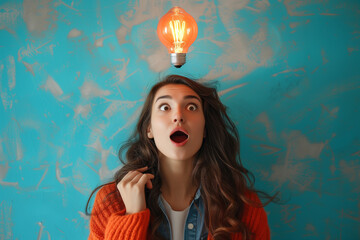 Illuminated light bulb above the head of a young woman, the concept of having an idea of a surprised girl with eureka on an old blue wall