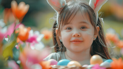 Fototapeta na wymiar Cheerful Child with Bunny Ears Celebrating Easter Outdoors