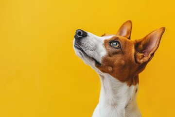 Basenji dog on a bright yellow background with copy space