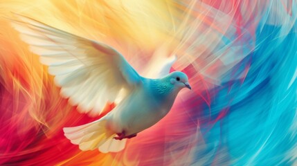 Graceful dove in flight amid a whirlwind of fiery colors