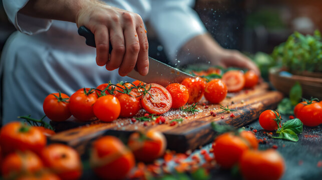 Professional chef finely sliced fresh tomatoes