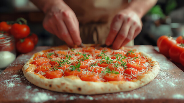Professional chef manually preparing delicious pizza