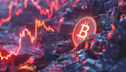 Bright Bitcoin just mined coin on melted Lava background with a shiny markets charts. Modern crypto currency world, finance markets and investments concept image.