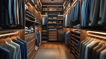 A stylish and organized closet with shelves, hangers, and neatly arranged clothing