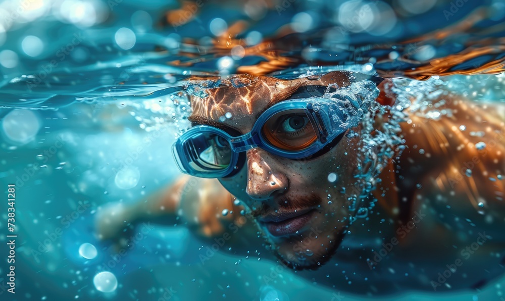 Poster Competitive men's swimmer racing in a pool