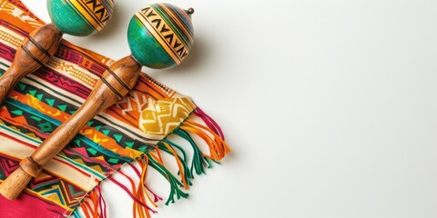 Obraz premium Mexican maracas and ponchos on a white background. Saltillo Serape Blanket. Cinco de Mayo background with copy space