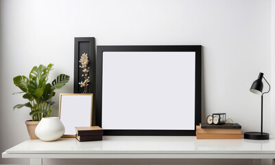 Blank black picture frame on the white desk and wall
