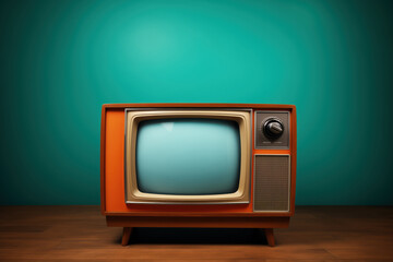 Retro style vintage orange television set on a wooden floor with a teal background wall.